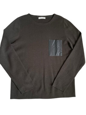 Sandro Sweater Men’s L Fits M Olive Gray Merino Wool Leather Patch